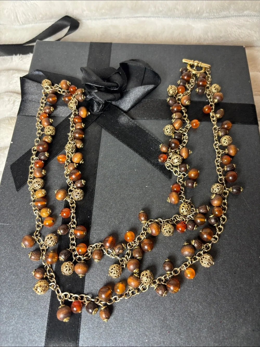 36” Multi-Strand Brown and Amber Bead Necklace